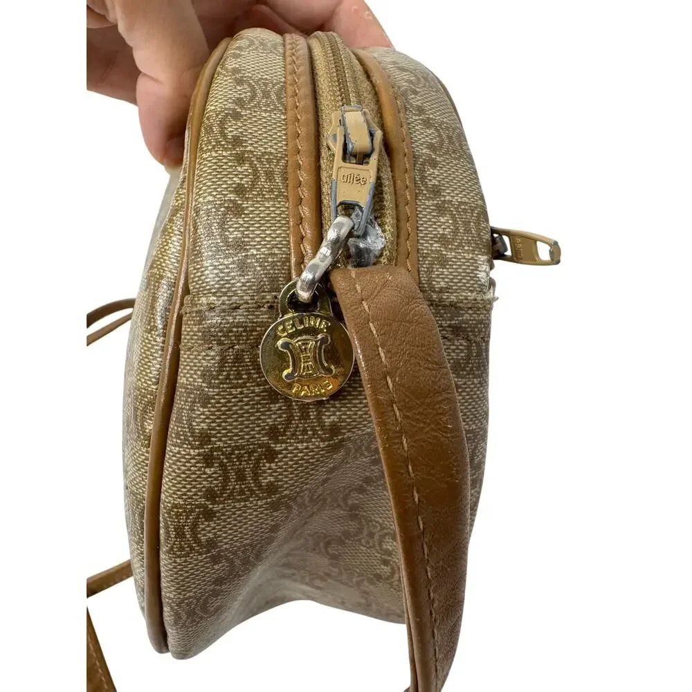Celine Macadam Vintage Crossbody Bag Beige Brown Leather Made in France